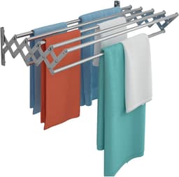 Opvouwbaar wanddroogrek – Onzichtbaar droogrek – Wanddroogrek – Klein droogrek – Wandhanddoekrek – Telescopisch – 7 droogstangen – 80 cm – Roestvrij staal – Zilver — thumbnail 1