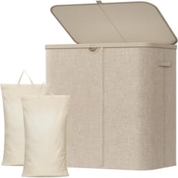 Wasmand 2 Vakken met Deksel, Grote Opvouwbare Wasmand met Uitneembare Zakken, Laundry Basket voor Badkamer, Slaapkamer en Wasruimte, 145L, Beige — thumbnail 1