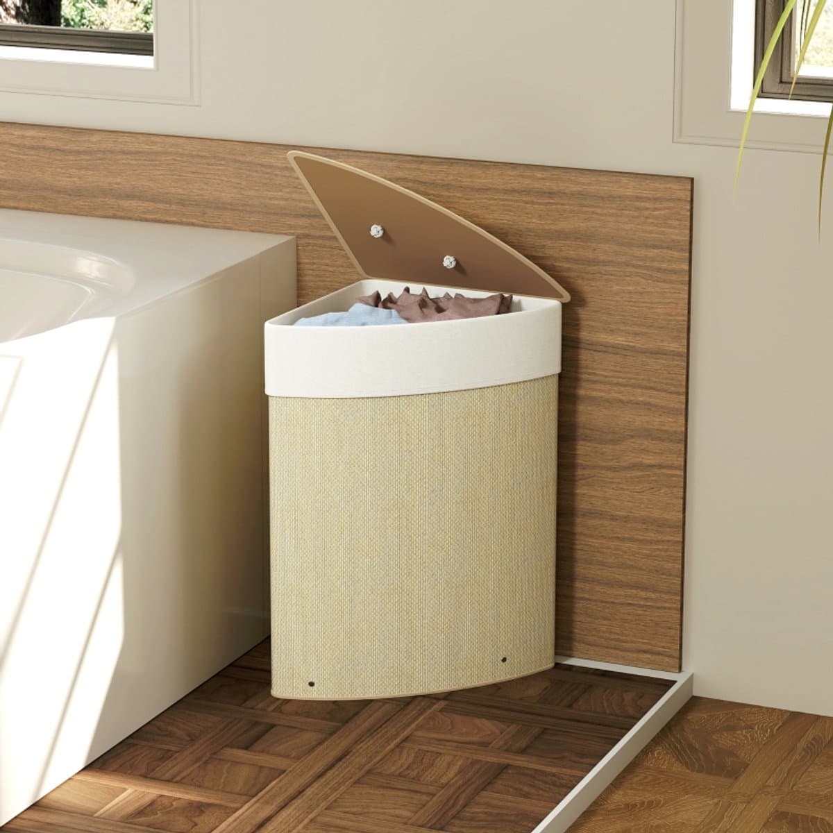 REDOM - Hoekwasmand - 55 liter inhoud - Afneembaar deksel en machinewasbare stoffen zak - Bamboe en metalen frame - Crème en natuurlijk hout - 35 x 35 x 60 cm — afbeelding 1