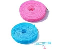Waslijn, 2 stuks (2 kleuren), 5 m, nylon, antislip, met haken, stevige grip, glijdt niet, ideaal voor het drogen op de camping en op reis