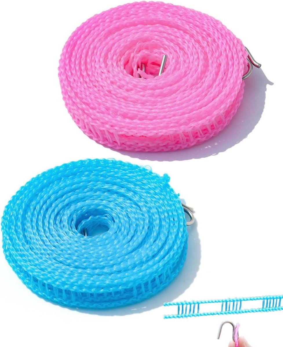 Waslijn, 2 stuks (2 kleuren), 5 m, nylon, antislip, met haken, stevige grip, glijdt niet, ideaal voor het drogen op de camping en op reis — afbeelding 1