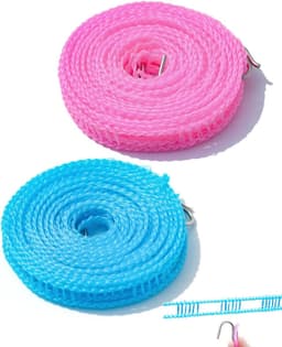 Waslijn, 2 stuks (2 kleuren), 5 m, nylon, antislip, met haken, stevige grip, glijdt niet, ideaal voor het drogen op de camping en op reis — thumbnail 1