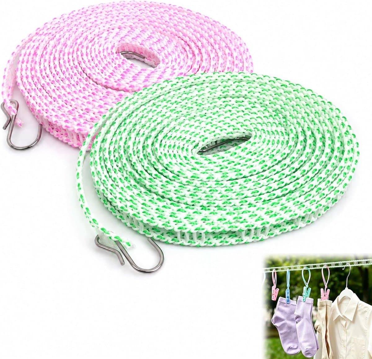 2 stuks waslijn, 16 m, antislip waslijn, camping, verstelbare winddichte waslijn met haken voor tuin, reizen, vakantie, camper of caravan (groenblauw-wit, roze-wit) — afbeelding 1