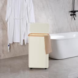 Efluky Vuile wasmand met deksel, wasmand met wieltjes, inklapbare strijkmand met 75 l inhoud, met bamboe handgrepen en afneembare tas, opvouwbare wasmand — thumbnail 2