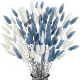 120 stuks droogbloemen, pampasgras, kunstpampasgras, decoratie, klein pampasgras, boho, hazenstaartgras voor woonkamer, decoratie, bloemen kunstmatig en bruiloft (wit en grijsblauw) — thumbnail 1