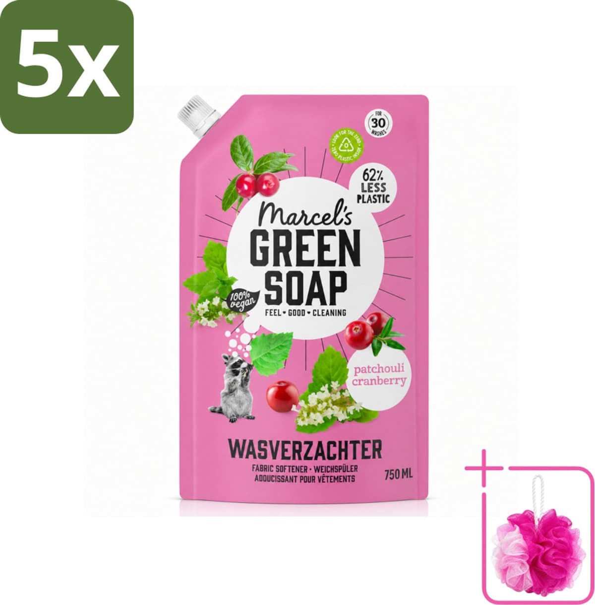 5 x Marcel’s Green Soap – Wasverzachter – Patchouli & Cranberry - Navulling – 750 ml - Bulkverpakking - Wasverzachter - Douchemop - Navulling — afbeelding 1