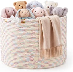 Opbergmand, 50 x 35 cm, katoenen touw, wasmand met knoophandgrepen, XXL dekmand en wasverzamelaar voor woonkamer, speelgoedmand voor kinderkamer, pastelregenboog, kleurrijk — thumbnail 1