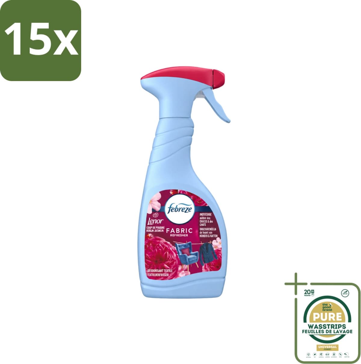 15 x Febreze – Textielspray – Robijn Jasmijn – 500 ml - Wasstrips - Textielverfrisser - Textielgeur - Geurverwijdering - Jasmijngeur - Robijngeur — afbeelding 1