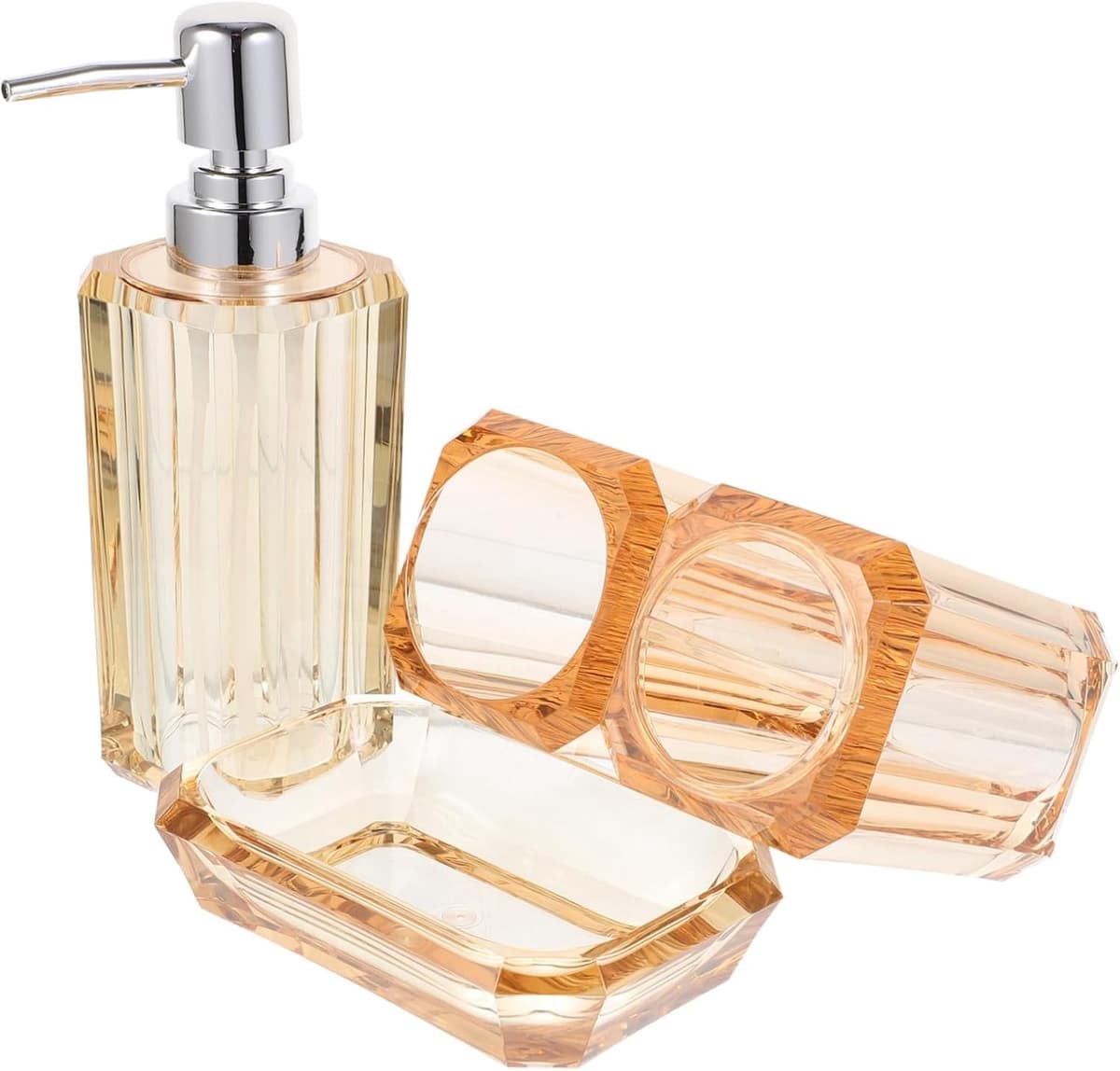 1set Badkameraccessoires Luxe Transparante Zeepdispenser Tandenborstelhouder Mondspoelbekertje Zeepschotel Champagnegoud Voor Thuis of Hotel — afbeelding 1