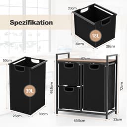COSTWAY Wasmand met 3 vakken, wasmand met plank, 75 liter, wassorteerder met 3 afneembare zakken en metalen frame, uittrekbare wasmand voor waskeuken, badkamer, slaapzaal (3 vakken) — thumbnail 3