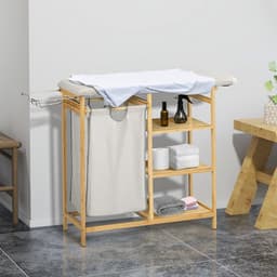 REDOM - Wasmand met strijkplank en 3-laags rek - Uitschuifbare waszak en uitneembare voering - Bamboe - Naturel - 113 x 34 x 82 cm — thumbnail 1