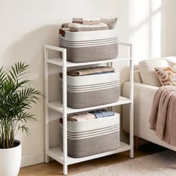 Geweven wasmand van katoenkoord, 45L, opbergmand met leren handvatten, mand voor dekens, kleding, speelgoed, wasmand voor kinderkamer of woonkamer, 45x35x27 cm, wit en donkerbruin — thumbnail 3