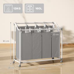 Verrijdbare wasmand- waskar- wasmand op wieltjes met 4 uitneembare zakken- 4 x 40 l- 97 x 38 x 81 cm- grijs — thumbnail 3