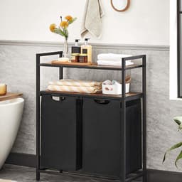 Wasmand, wasbak, wasverdelersysteem met 2 uittrekbare en afneembare zakken en dubbele opbergrek, elke zak met een capaciteit van 46 liter, geschikt voor badkamer of wasruimte, 73 x 33 x 91 cm, bruin en zwart — thumbnail 3