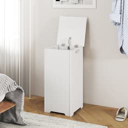 COSTWAY Wasmand vrijstaand, houten wasverzamelaar met deksel en tas, opbergkast badkamer, badkamerkast, wit — thumbnail 4