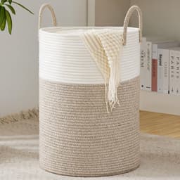 Wasmand, gevlochten wasverzamelaar, opbergmand voor speelgoed, met handvat, handgemaakt, van katoen, wit en bruin — thumbnail 1