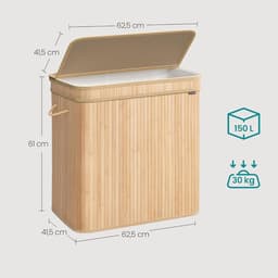 Wasmand, vuilnismand met deksel, handgrepen en uitneembare voering, 3-vaks indeling met een totale capaciteit van 150 liter, geschikt voor wasruimte, slaapkamer en toiletruimte, 41,5 x 62,5 x 61 cm, naturel. — thumbnail 2