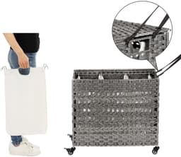 Luxe Handgeweven Wasmand met 3 Compartimenten – Grijs – Poly Rotan Wasmand met Deksel, Afneembare Waszakken & Metalen Frame – Grote Opvouwbare Wasmand 66x35x60,5 cm – Ideaal voor Slaapkamer, Badkamer & Wasruimte — thumbnail 1