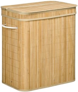 Merax Bamboe Wasmand 90L met Deksel en Handgrepen – 2 Vakken – Uitneembare Stoffen Binnenzak – Opvouwbaar – Naturel Bruin — thumbnail 1