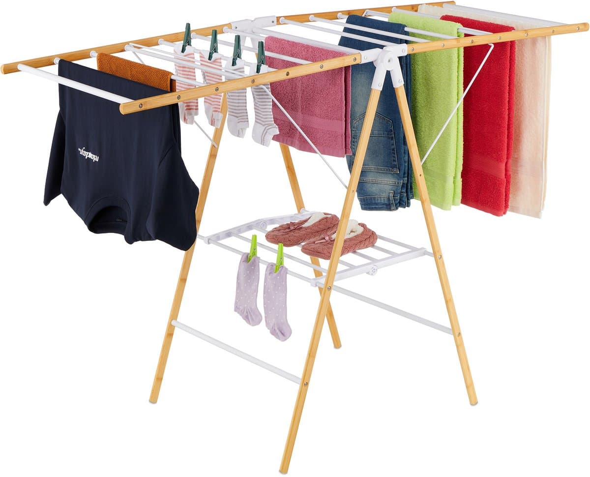 Wasrek inklapbaar - 100x148x56 cm - inklapbaar - staand - bamboe - wit — afbeelding 1