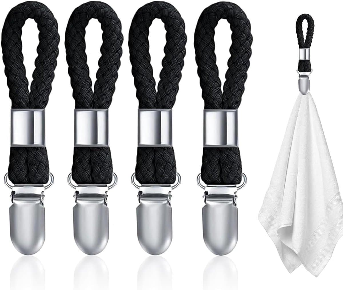Black Towel Clips - 4pcs Hanging Tea Towels Clip - Brackets-Braided Cotton Towel Clips met Hanging Loop voor Hanging Clothes - Tea Towel/Beach Towel/Towel Clip Hooks voor Gebruik — afbeelding 1