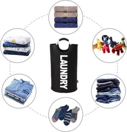 Wasmand - Inhoud 81 Liter - Tekst Laundry - Opvouwbaar met Handvat - Grote Wasmand - Kleur Zwart — thumbnail 3