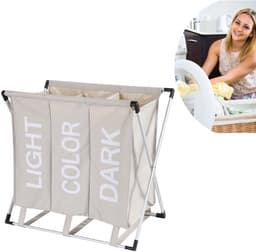 Wassorteerder - 90L - Wasmand 3 Vakken - Opvouwbare Wasmanden - Organizer - Wassorteerder 3 vaks - Alu Frame - Beige — thumbnail 1