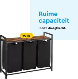 BRASQ Wasmand 3 vakken - Wassorteerder 114 Liter - Uitschuifbaar met Plank 92,5x33x71 cm - Wasbox Zwart Metaal - Bruin hout - Basket — thumbnail 5
