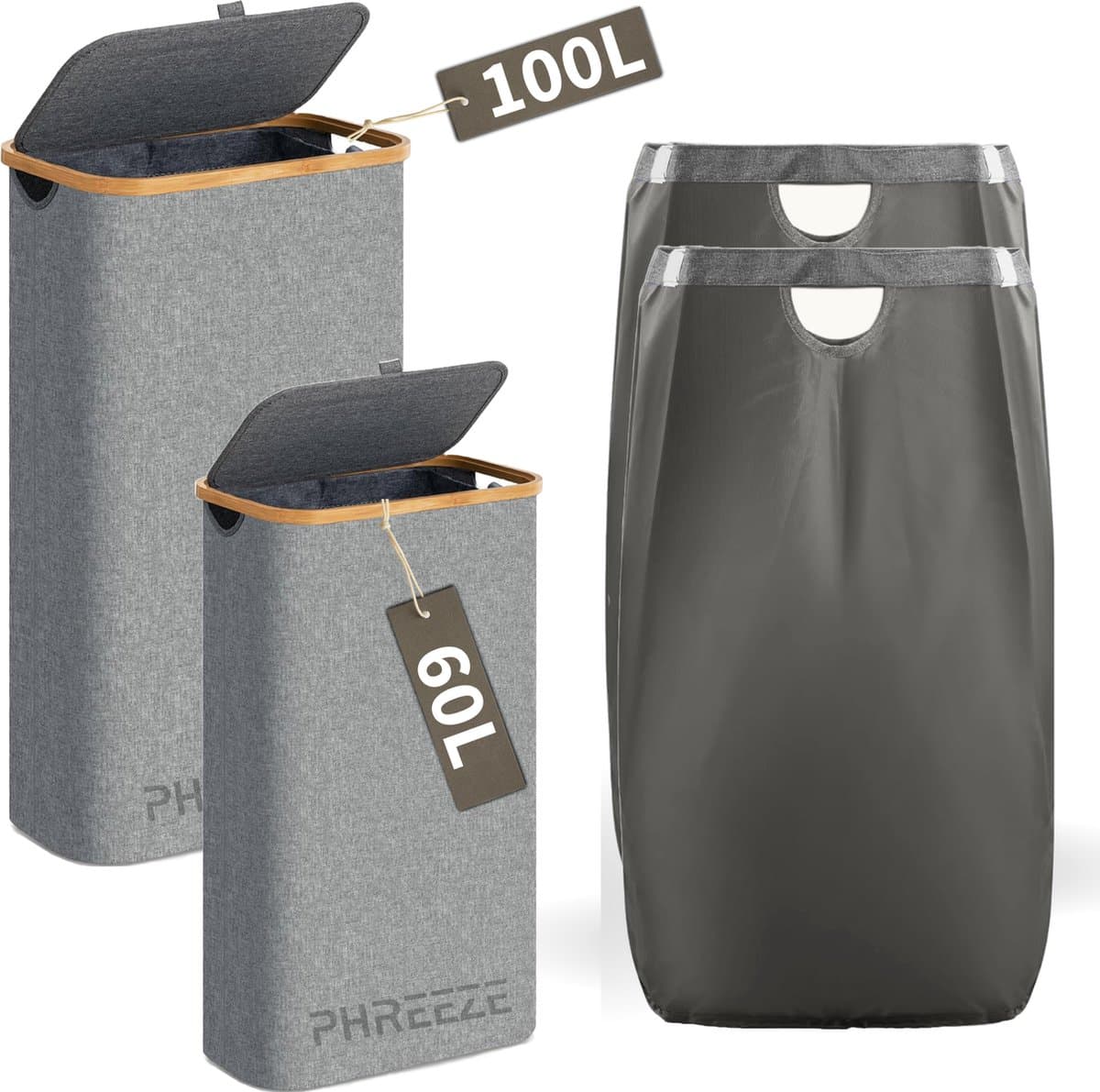 Wasmanden Set - 60L + 100L - 2 Stuks - Wasmand met Deksel - Wassorteerder - Opbergmand - Mand Vuile Was - Grijs — afbeelding 1