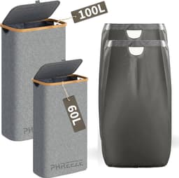 Wasmanden Set - 60L + 100L - 2 Stuks - Wasmand met Deksel - Wassorteerder - Opbergmand - Mand Vuile Was - Grijs — thumbnail 1