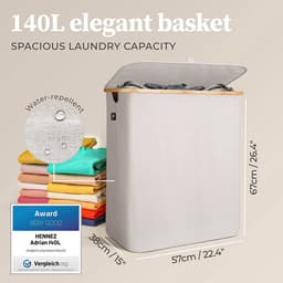 HENNEZ Wasmand met deksel van 140L opvouwbaar met scheiding en een bamboe frame - inclusief waszak - beige — thumbnail 3