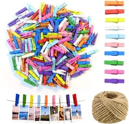 Dailygoods- Mini-houten Klemmen 200 Stuks - Kleine Wasknijpers - Jute Koord 30 m - Kleurrijke Fotoclipset - Robuust Hout - Veilig en Aangenaam Werken — thumbnail 1