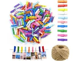 Dailygoods- Mini-houten Klemmen 200 Stuks - Kleine Wasknijpers - Jute Koord 30 m - Kleurrijke Fotoclipset - Robuust Hout - Veilig en Aangenaam Werken