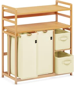 Wasmand Met Vakken - Kleding Sorteerder - Orde Scheppen - Dubbel Bamboe Planken - 140 Liter - Beige — thumbnail 1