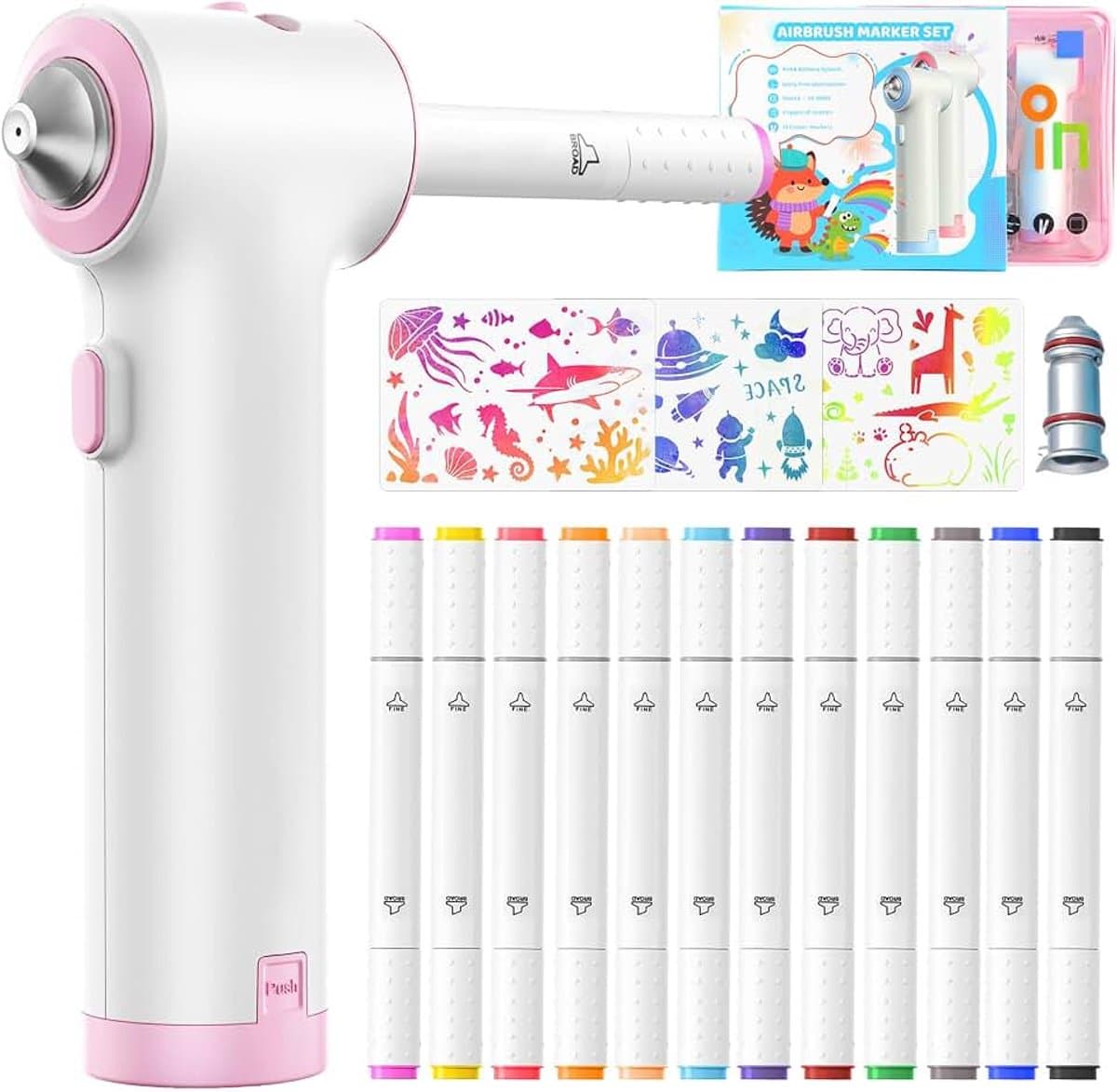 Speed Airbrush Elektrische verfspuitstiften, set van 12 textielmarkers met dubbele punt, 3 sjablonen en 2 sproeikoppen, heldere en rijke kleuren, textielverf om te spuiten, roze — afbeelding 1