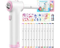 Speed Airbrush Elektrische verfspuitstiften, set van 12 textielmarkers met dubbele punt, 3 sjablonen en 2 sproeikoppen, heldere en rijke kleuren, textielverf om te spuiten, roze