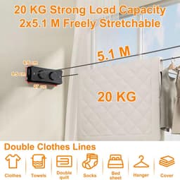 SnelShoppen - Retractable Clothesline Indoor en Outdoor - Dubbele Kledinglijn - Heavy Duty Wandmontage - RVS - Ruimtebesparend - Zwart — thumbnail 3