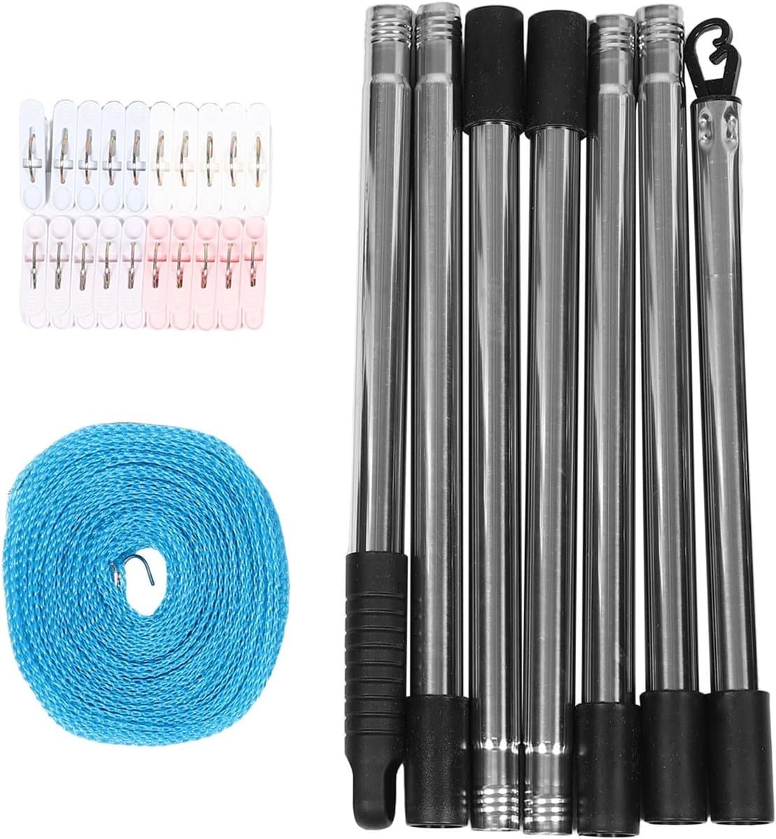 Waslijn Set - Drooglijn Steun - Buiten Drogen - Telescopisch Verstelbaar - 250 cm Lengte - Zilver — afbeelding 1
