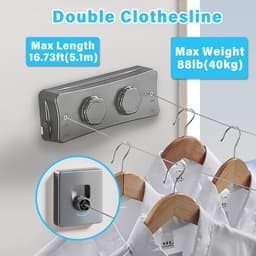 Uittrekbare Waslijn - Wandwaslijn Intrekbaar - Kleding Drogen - Ruimtebesparend Ontwerp - 5.1m Staalkabel - Grijs — thumbnail 2