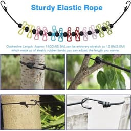 Draagbare waslijn - 2-pack reiswaslijn met 12 kleurrijke clips - verstelbare campingwaslijn - elastische intrekbare waslijn voor binnen en buiten - wasaccessoires — thumbnail 4