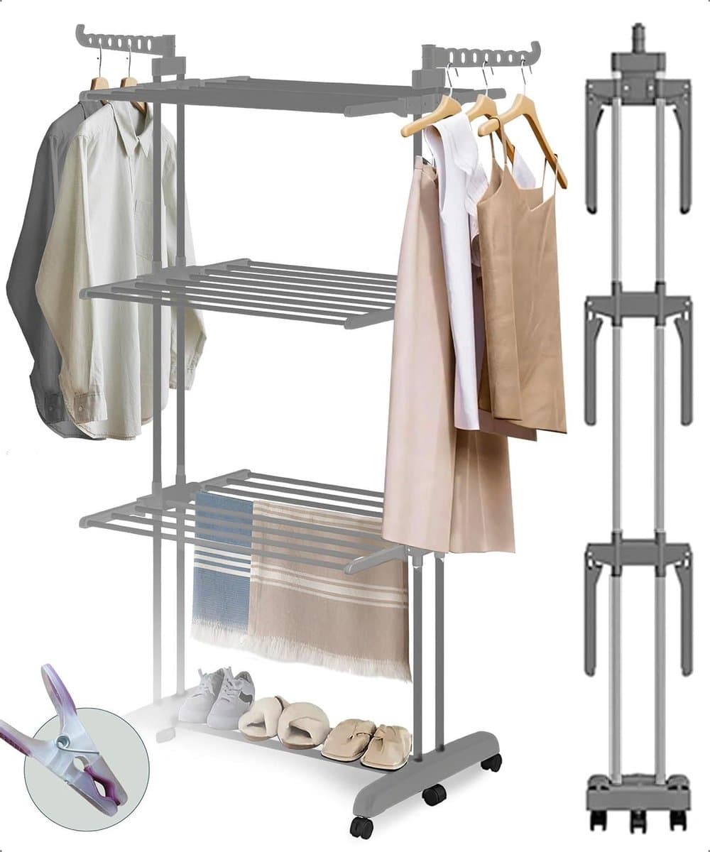 Droogrek Wasrek - Droogtoren Wastoren - Kleding Drogen - Inclusief Wasknijpers - 173 x 75 x 63 cm - Grijs — afbeelding 1