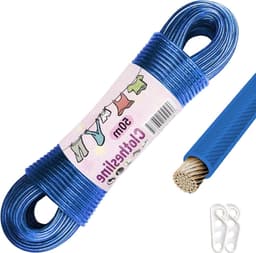 Waslijn met Stalen Kern - Kledinglijn Sterk Touw - Buiten Kleding Drogen - 150 kg Draagvermogen - 50 meter - Blauw — thumbnail 1