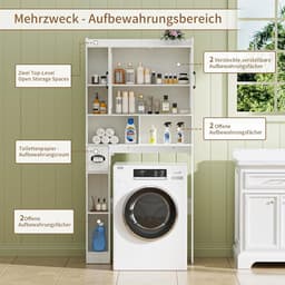 SnelShoppen - BonVache Wasmachinekast met 2 Deuren, Verstelbare Planken, Wasmachine Rek met Zijvak voor Keukenrol en 6 Open Compartimenten, Wit voor B — thumbnail 3