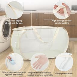 Opvouwbare Wasmand - Beige - 36 x 36 x 58 cm - Met Handvat en Ademend Netmateriaal - Voor Badkamer, Camping en Reizen — thumbnail 3