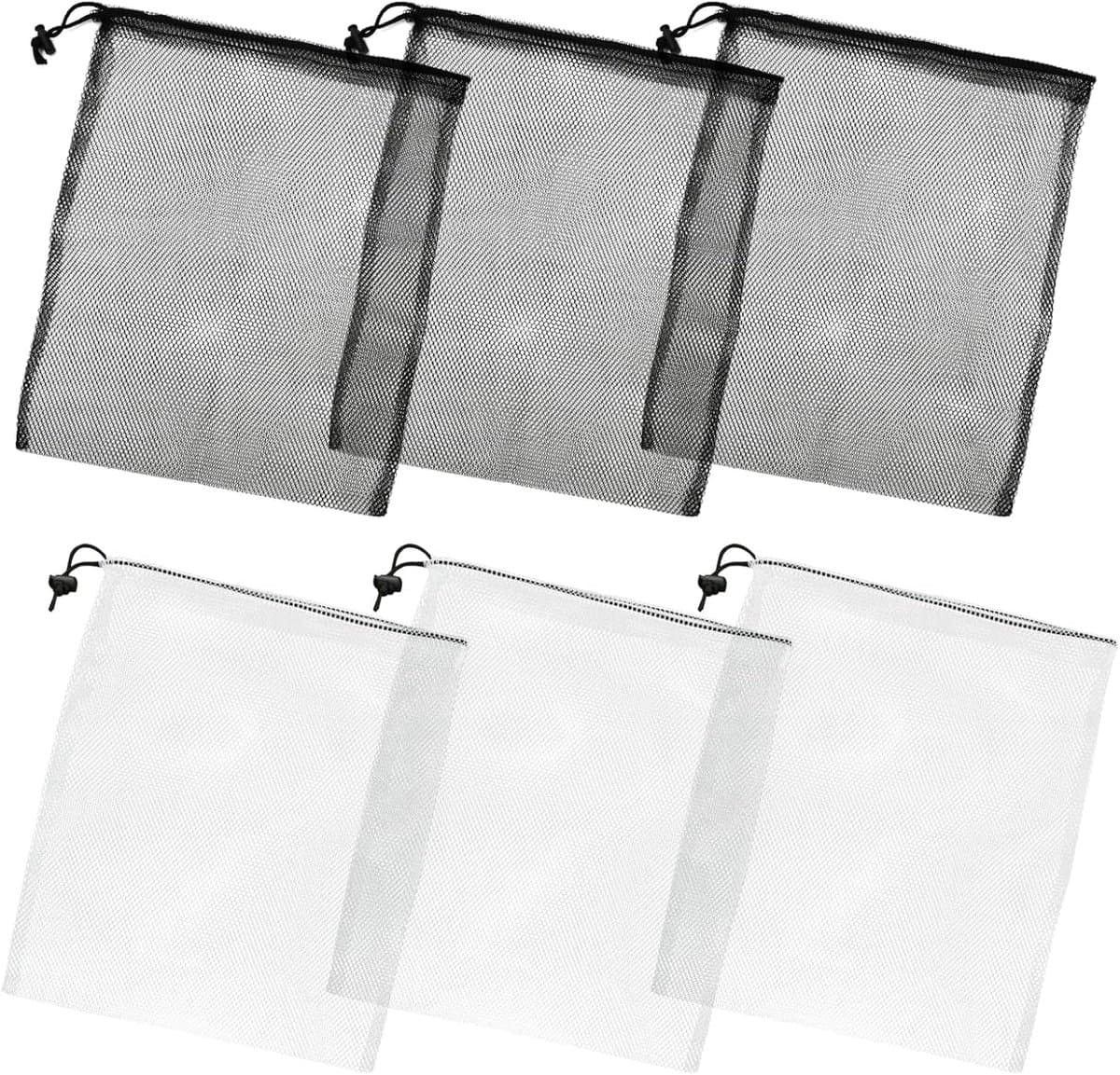 SnelShoppen - Netzakken met Trekkoord 6 Stuks, 3 Zwart + 3 Wit, 35 x 40 cm, Ademend, Waszakken, Speelgoedopslag, Strandtassen, Boodschappentassen, Rei — afbeelding 1