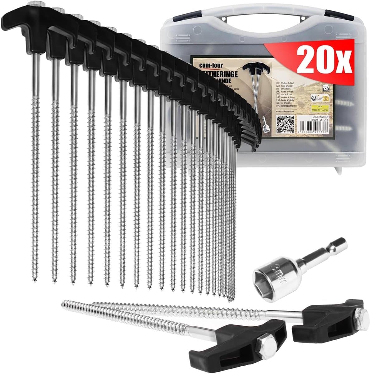 Grondanker - Zwart - 20 stuks met Adapter - Stalen Schroefharingen in Transportbox - Voor Kamperen en Buiten — afbeelding 1
