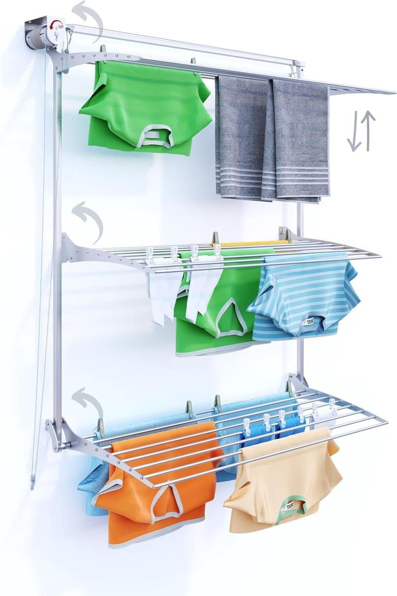 Wanddroger Toren - Droogrek Uitschuifbaar - Was Drogen - Handige Kettingbediening - 128 x 52 x 137 cm - Grijs — afbeelding 1