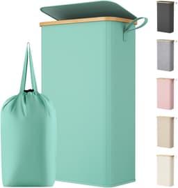 Wasmand met Deksel, Smalle Wasmand, Laundry Basket met Bamboe Frame, Uitneembare Zak en Handgreep, Voor Slaapkamer, Badkamer, Wasruimte, 65L, Turquoise — thumbnail 1