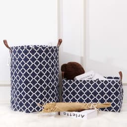 Team Marokkaans roosterpatroon Wasmand Canvas Wasmand Opvouwbare opbergbak met PU-lederen handgrepen en trekkoordsluiting, 19,7 bij 15,7 inch, waterdichte binnenkant, donkerblauw — thumbnail 2