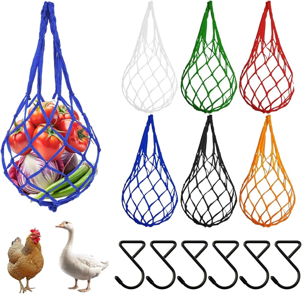 Groentezakken Gevogelte - Voederdispenser Kippen - Natuurlijk Voergedrag - Duurzaam Nylon Materiaal - 6 Stuks - Meerdere Kleuren — afbeelding 1